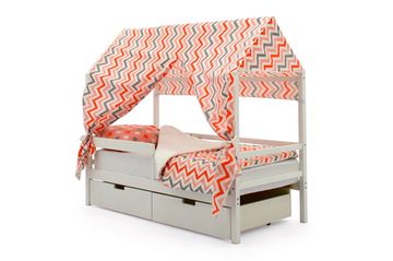 Крыша текстильная для кровати-домика Svogen "зигзаги красный, розовый, графит, фон белый"