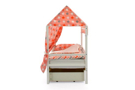 Крыша текстильная для кровати-домика Svogen "звезды красный, белый, графит, фон розовый"