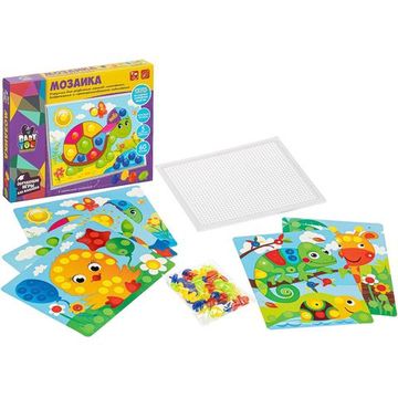 Развивающая мозаика для малышей 60 фишек-гвоздиков, 5 картинок-шаблонов Bondibon