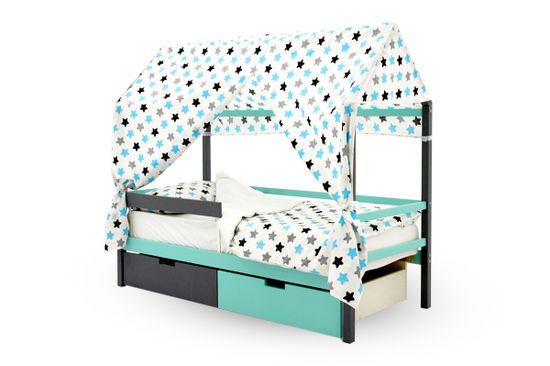 Крыша текстильная для кровати-домика Svogen "звезды,графит, бирюза, серый"