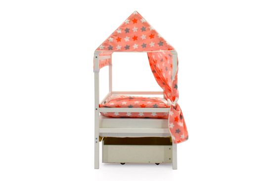 Крыша текстильная для кровати-домика Svogen "звезды красный, белый, графит, фон розовый"