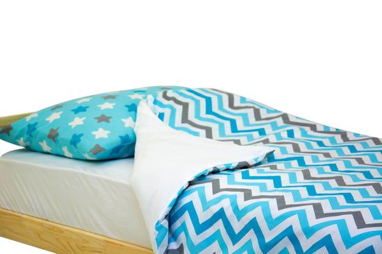 Постельное белье "Звёзды бирюзовый, графит, белый, фон голубой - зигзаги бирюзовый ,графит, голубой"