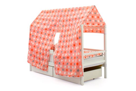 Крыша текстильная для кровати-домика Svogen "звезды красный, белый, графит, фон розовый"