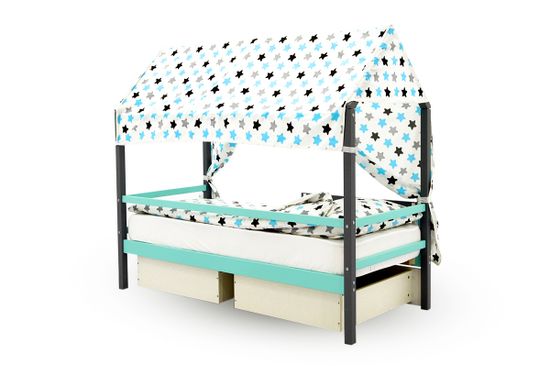 Крыша текстильная для кровати-домика Svogen "звезды,графит, бирюза, серый"