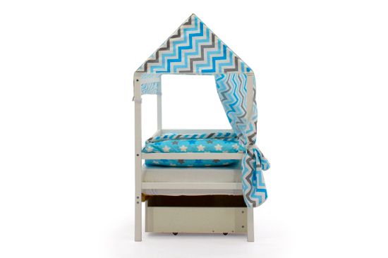 Крыша текстильная для кровати-домика Svogen "зигзаги синий, голубой, графит, фон белый"