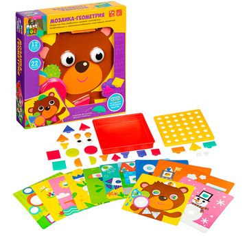 Мозаика для малышей BONDIBON "ГЕОМЕТРИЯ", 12 картинок-шаблонов, 22 фишки-геометрические фигуры
