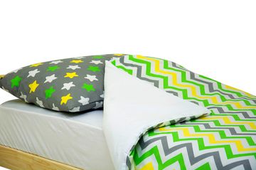 Постельное белье "Звёзды жёлтый, зелёный, белый, фон графит - зигзаги жёлтый, зелёный ,графит"