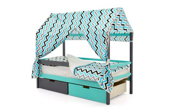 Крыша текстильная для кровати-домика Svogen "зигзаги, графит, бирюза, серый"