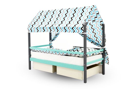 Крыша текстильная для кровати-домика Svogen "зигзаги, графит, бирюза, серый"