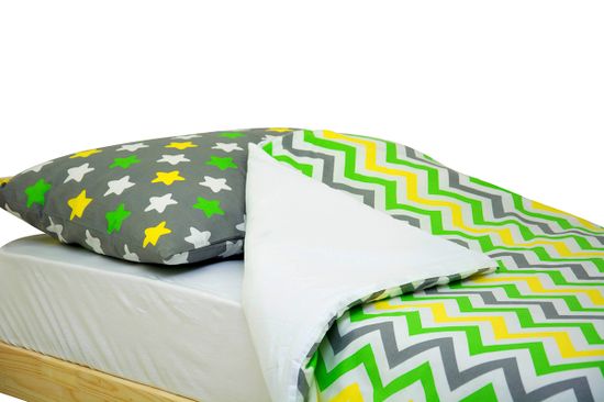 Постельное белье "Звёзды жёлтый, зелёный, белый, фон графит - зигзаги жёлтый, зелёный ,графит"